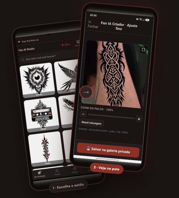Telas do app Fan Tattoo AI — escolha de estilo e prova na pele