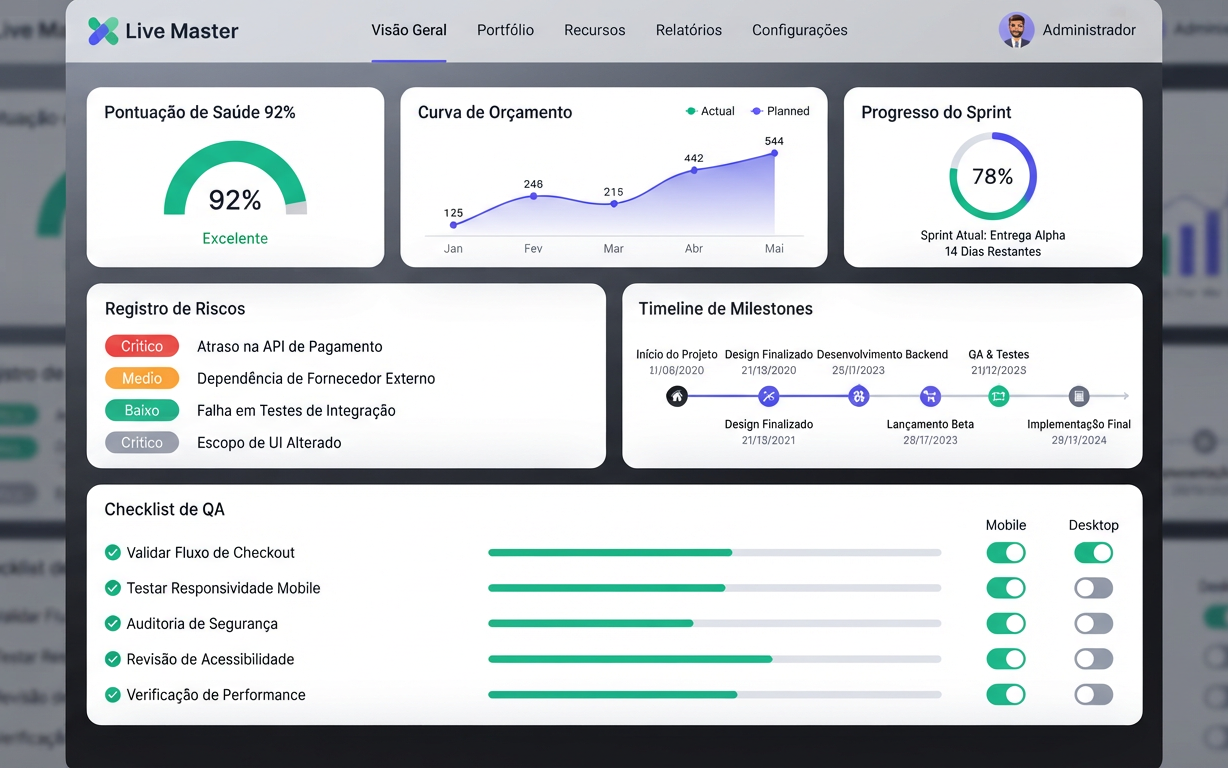 Dashboard PMO Nexus com Pontuação de Saúde 92%, marcos e indicadores em tempo real