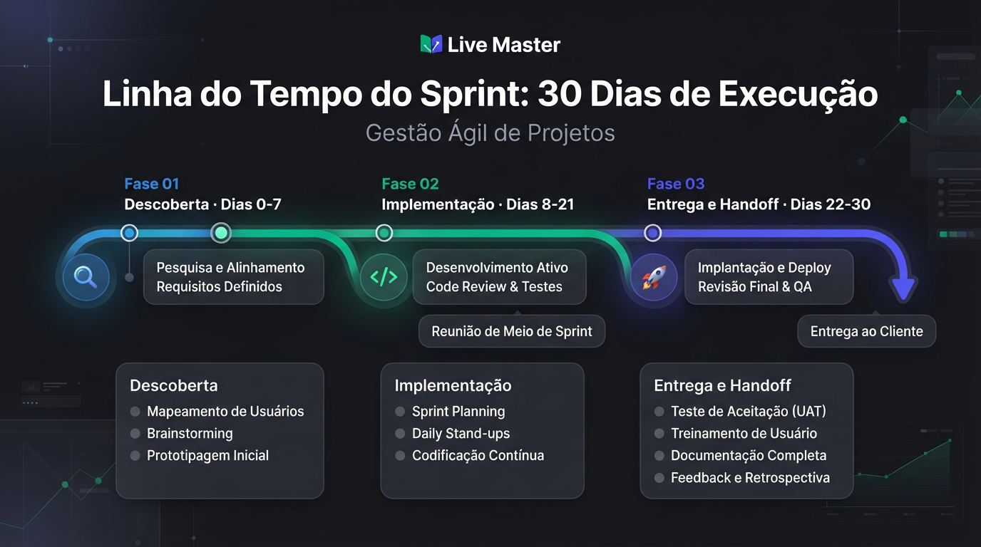 Linha do tempo do Sprint: Discovery e Arquitetura (dias 0–7), Implementação Rápida (dias 8–21) e Homologação, Handover e Go-Live (dias 22–30)